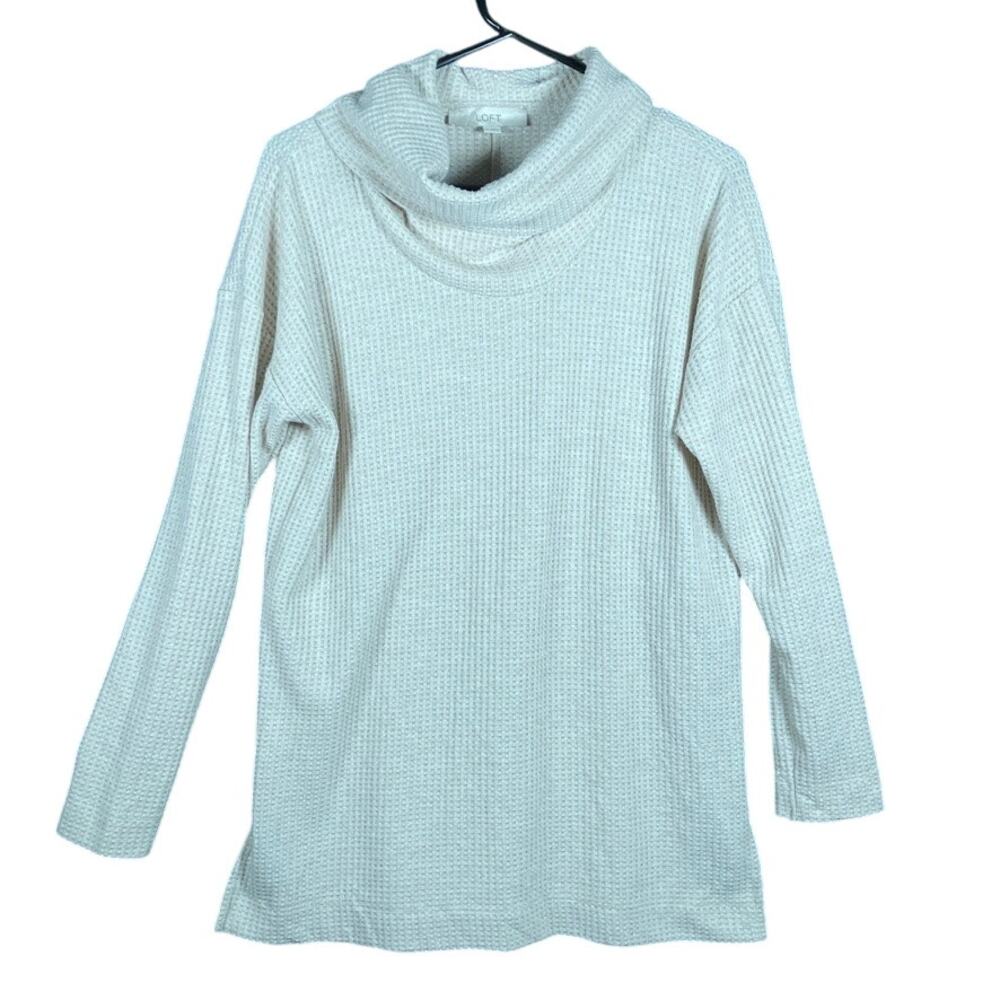 Loft Womens Sweater Tan Shimmer Waffle Cowl Neck Pullover Tunic Stretch Small